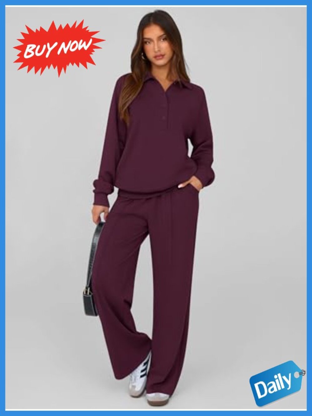 Womens 2 Piece Sweatsuit Set Quarter Button Wide Leg Lounge Travel Outfit - Picture 2 of 6